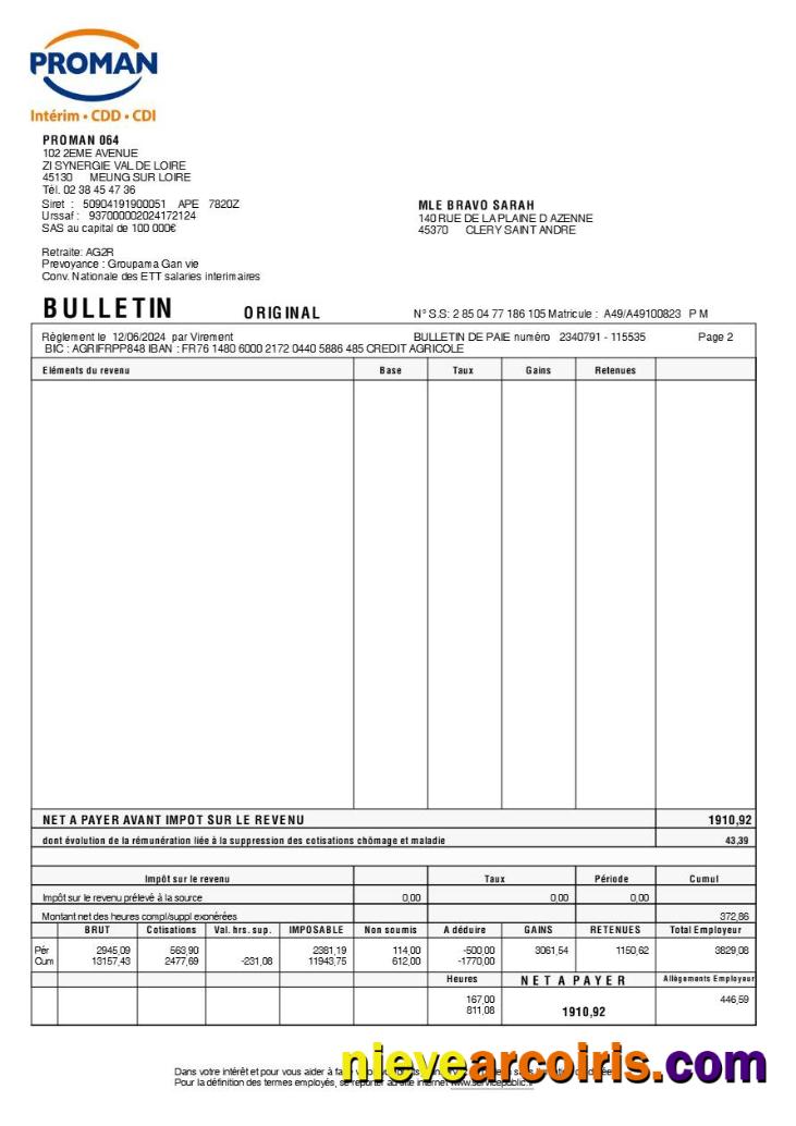 Proman recrutement payslip (in French language) version 2, 2